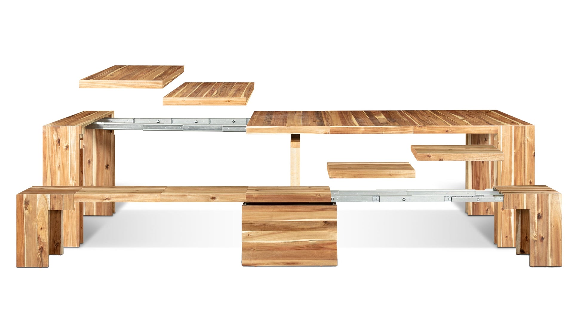 Expanded Australian Acacia Transformer Table and Bench Showing Removable Panels