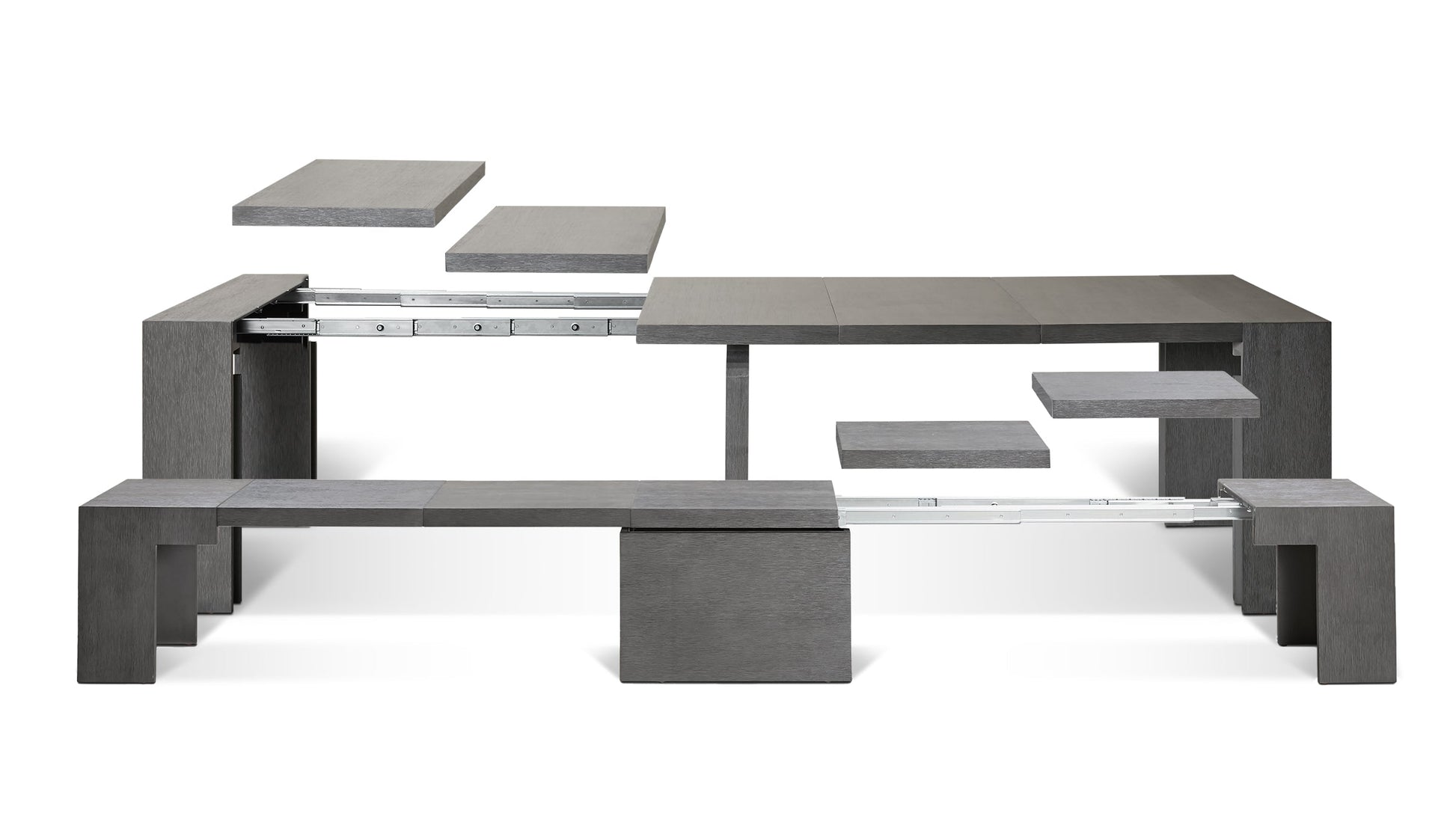 Expanded Siberian Birch Transformer Table and Bench Showing Removable Panels