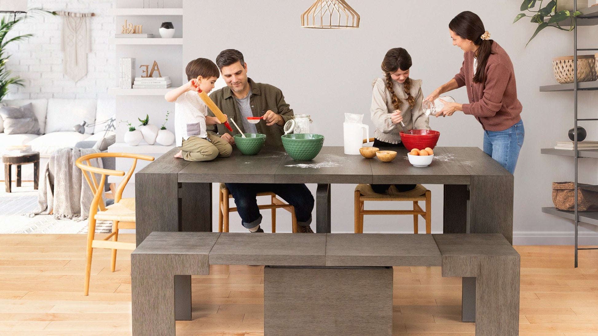 Siberian Birch::Gallery::Expanded Siberian Birch Transformer Table and Bench