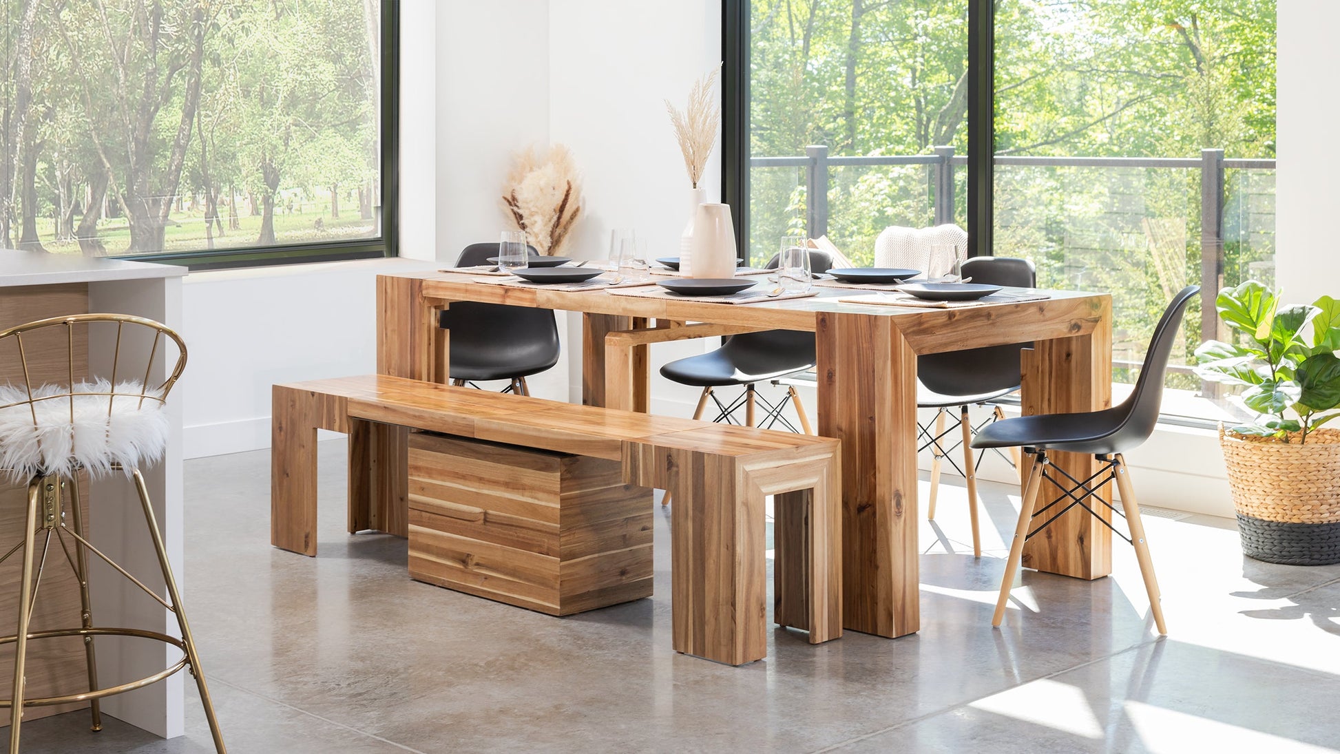 Australian Acacia::Gallery::Expanded Australian Acacia Transformer Table and Bench