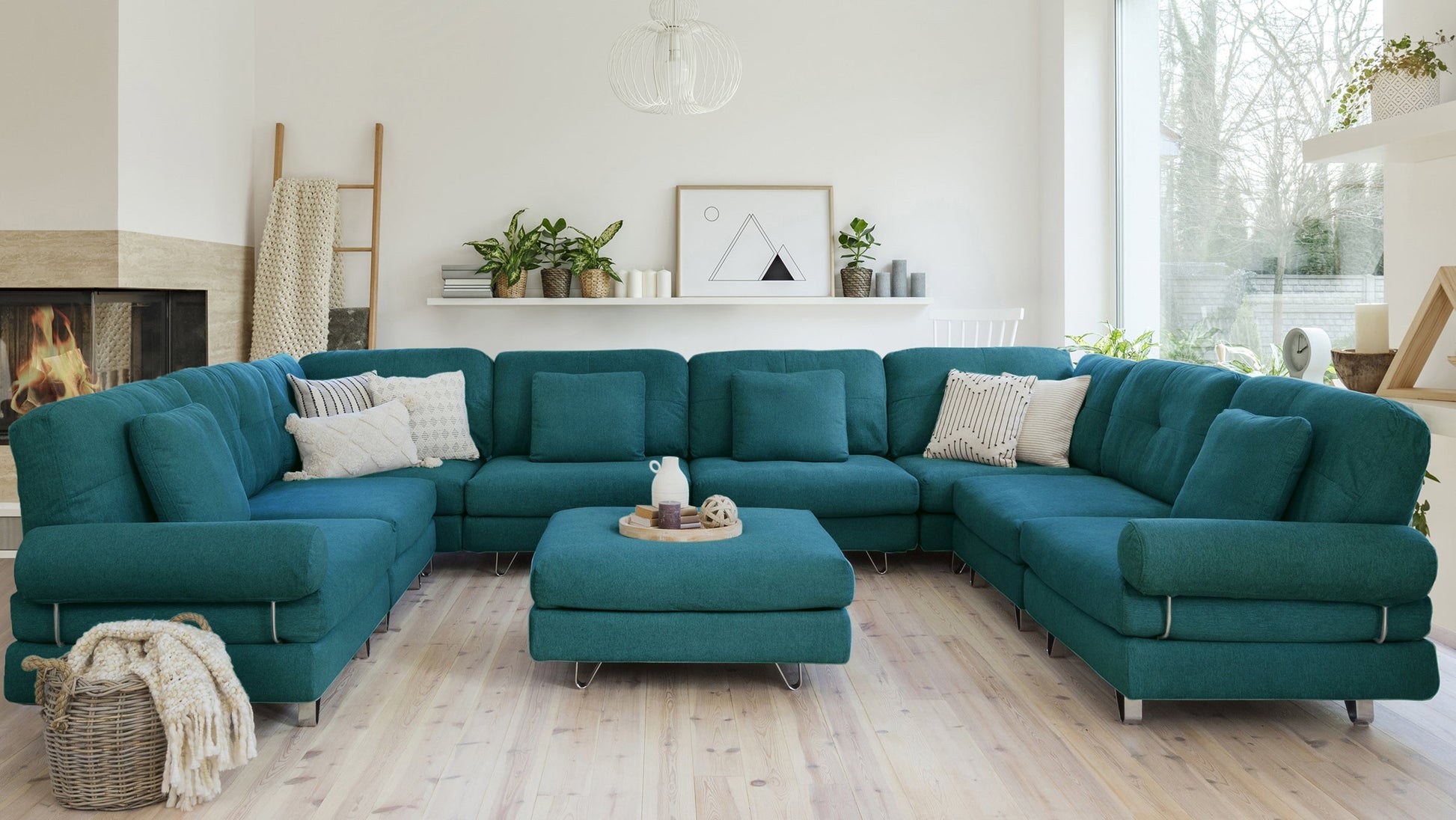 Peacock Blue - Fabric::Gallery::Blue Green Fabric Transformer Couch 10 seater