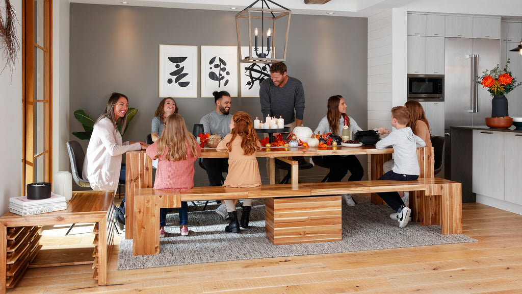 Australian Acacia::Gallery::Expanded Australian Acacia Transformer Table and Bench