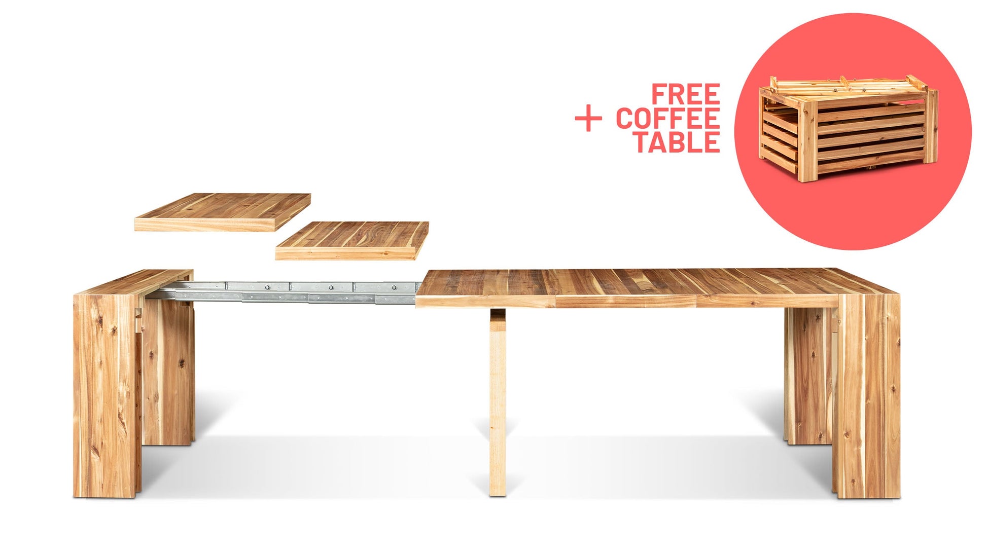 Australian Acacia::Gallery::Expanded Australian Acacia Transformer Table Showing Removable Panels + Free Coffee Table