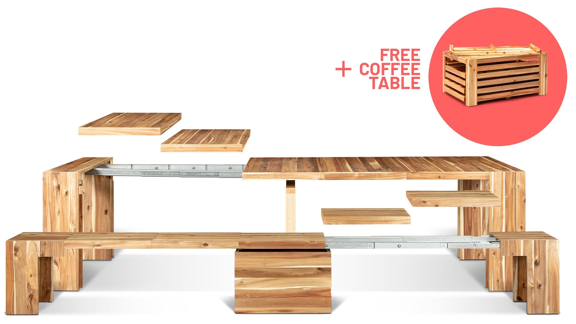 Australian Acacia::Gallery::Expanded Australian Acacia Transformer Table and Bench Showing Removable Panels + Free Coffee Table