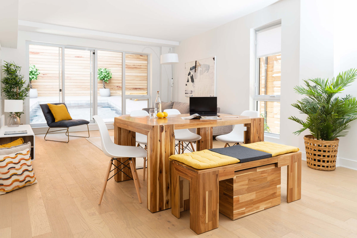 Australian Acacia::Lifestyle::Australian Acacia Dining Set with view on the living room