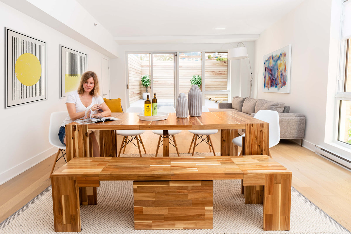 Australian Acacia::Lifestyle::Woman reading magazine on her Autralian Acacia Transformer Table