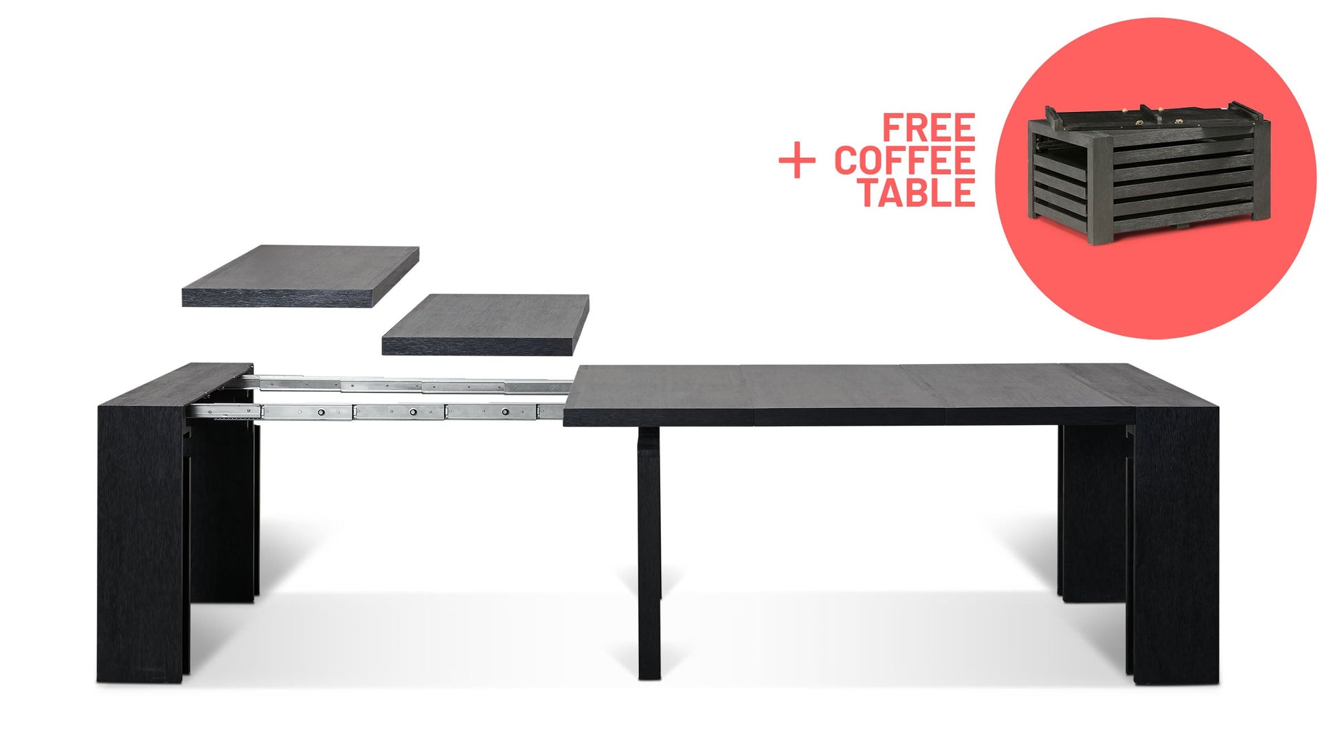 Canadian Dark Oak::Gallery::Expanded Canadian Dark Oak Transformer Table Showing Removable Panels + Free Coffee Table