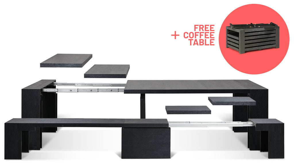 Canadian Dark Oak::Gallery::Expanded Canadian Dark Oak Transformer Table and Bench Showing Removable Panels + Free Coffee Table