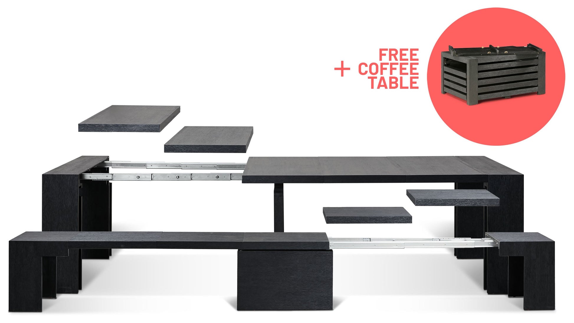 Canadian Dark Oak::Gallery::Expanded Canadian Dark Oak Transformer Table and Bench Showing Removable Panels + Free Coffee Table