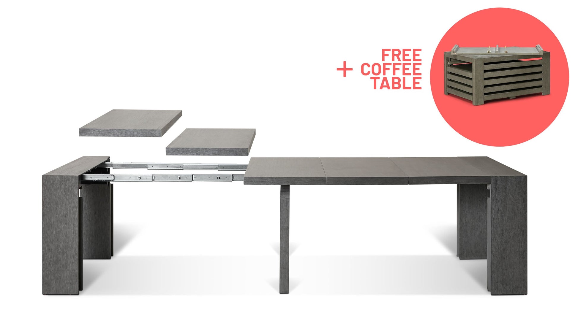 Siberian Birch::Gallery::Expanded Siberian Birch Transformer Table Showing Removable Panels + Free Coffee Table