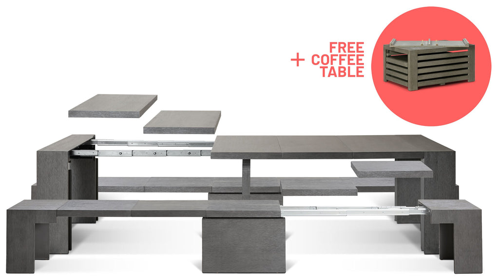 Siberian Birch::Gallery::Expanded Siberian Birch Transformer Table and Bench Showing Removable Panels + Free Coffee Table