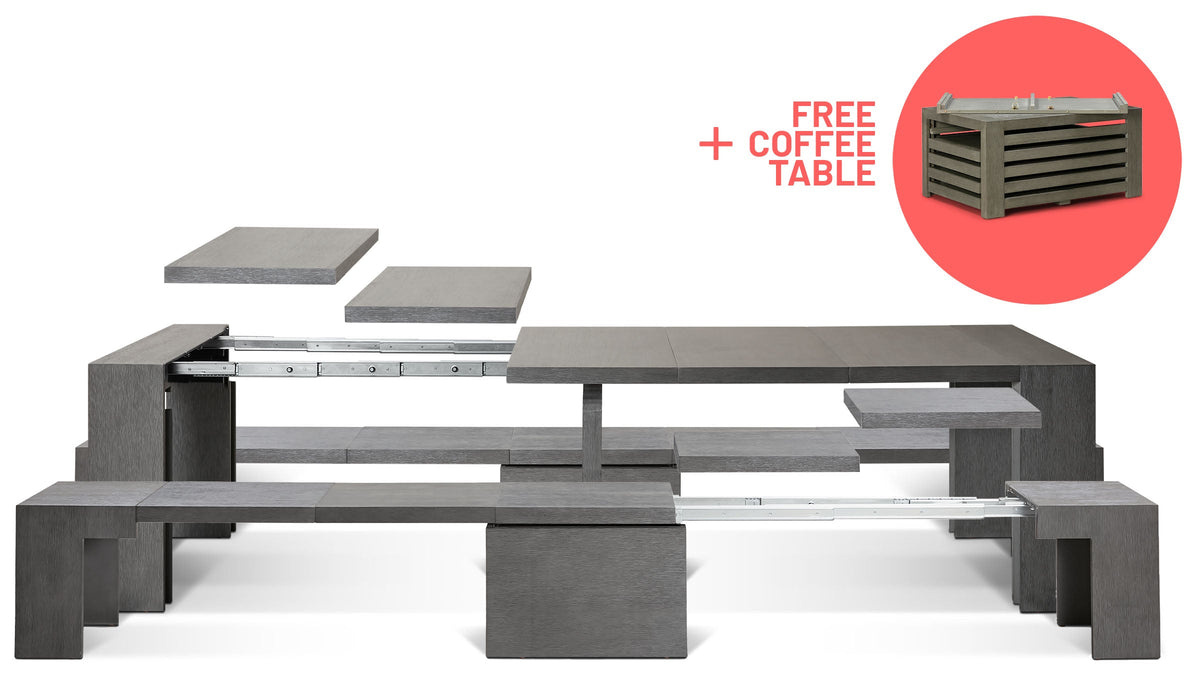 Siberian Birch::Gallery::Expanded Siberian Birch Transformer Table and Bench Showing Removable Panels + Free Coffee Table