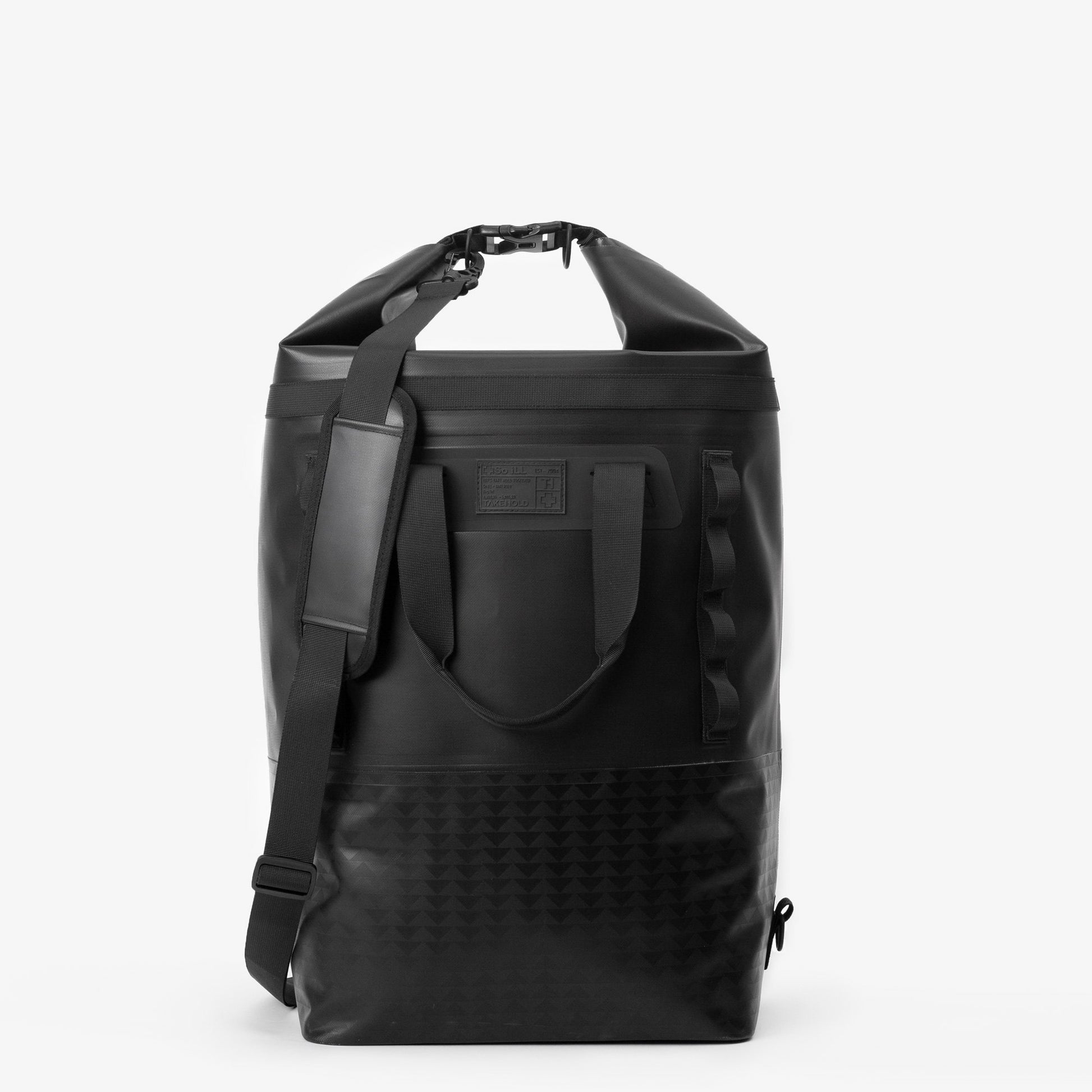 45L black wolf so ill x on the roam dirt bag is shown rolled down to be water proof and from the front