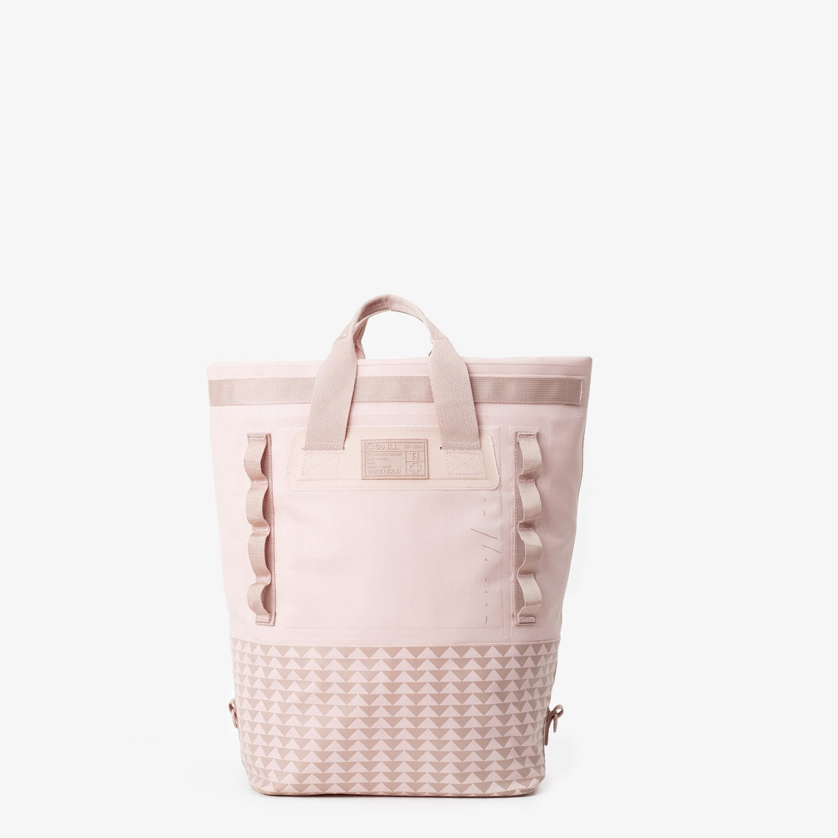 25L dirty pink so ill x on the roam dirt bag is shown rolled down into a tote and from the front
